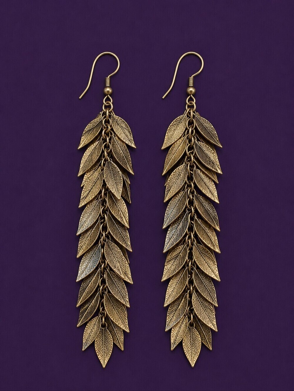 𝅺VTG Extra Long Bronze Metal Leaf Waterfall Castlecore Dangle Hook Earrings